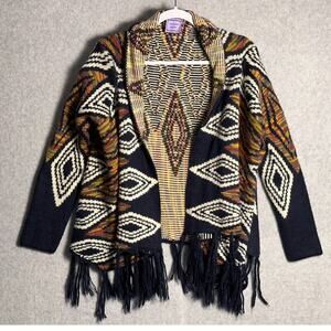 Michelle Nicole Sz M Wool Blend Fringe Aztek Blanket‎ Cardigan Sweater Southwest